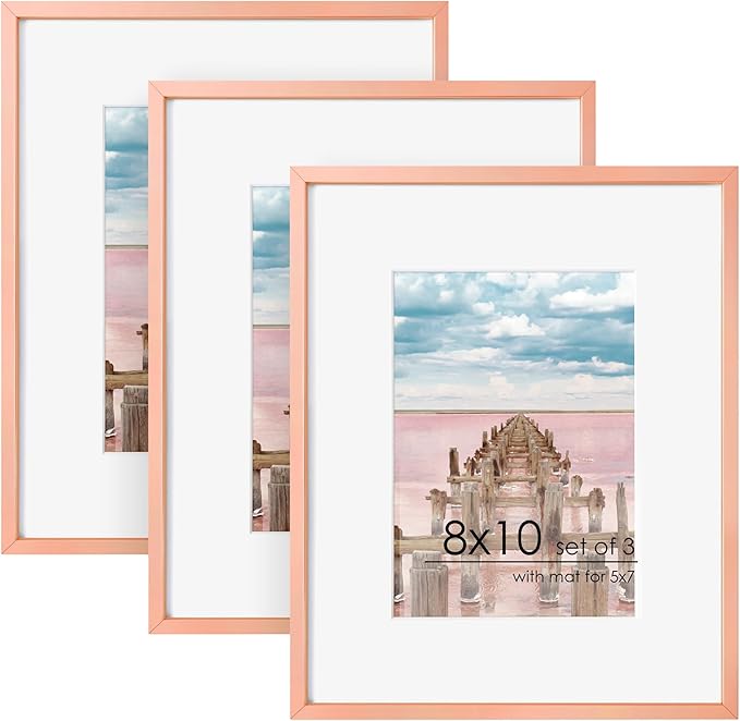 8x10 Picture Frame - 8 by 10 Metal Picture Frame With Mat | 8 x 10 Aluminum Photo Frame | Plexiglass And Hanging Hardware Included | 8x10 Gold Frame | Set of 3, Rose Gold