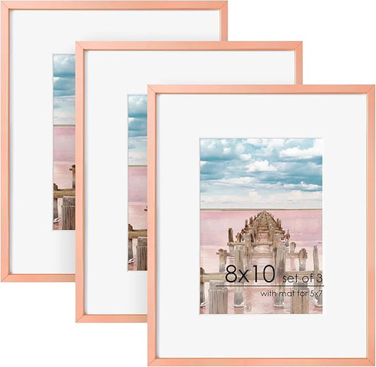 8x10 Picture Frame - 8 by 10 Metal Picture Frame With Mat | 8 x 10 Aluminum Photo Frame | Plexiglass And Hanging Hardware Included | 8x10 Gold Frame | Set of 3, Rose Gold