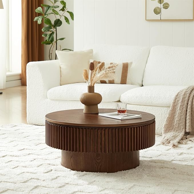 Round Coffee Table for Living Room,Fluted Drum Accent Tea Center Table with Storage,Circle Modern Coffee Tables for Small Space Office Apartment (31.5" L×31.5''W×14''H-Walnut)