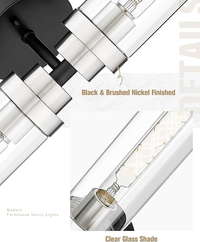 Emak 22 Inch Black and Brushed Nickel Vanity Lights for Mirror, Modern Bathroom Light Fixtures with Clear Glass Shade, 2-Light Wall Sconce Light for Bathroom, Bedroom, Hallway, VL085-BKBN-2