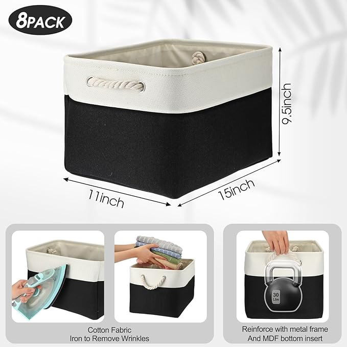 meekoo 8 Pack Collapsible Storage Bins Fabric Storage Bins Polyester Fabric Baskets with Handles Linen Closet Organizer for Shelf Home Closet Towels Toys(15 x 11 x 9.5 in,Black White)