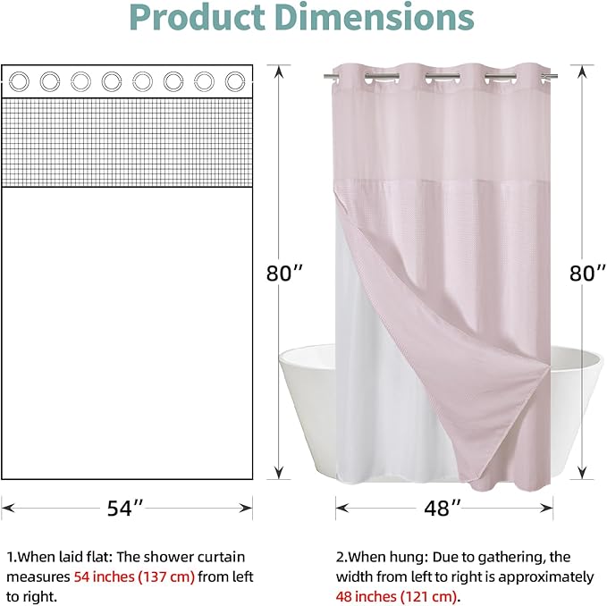 BlushPink No Hook Waffle Weave Shower Curtain with snap-in Liner Replacement, 230GSM Waterproof Fabric Hotel Shower Curtain Set for Bathroom, Through Mesh Top Window,54Wx80H