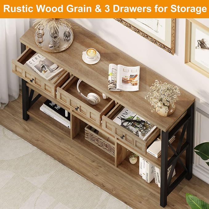 FATORRI Rustic 6 Cube Storage Organizer Shelf with 3 Drawers, Long Horizontal Bookshelf, Industrial Wood and Metal Cubby Bookcase for Living Room (Rustic Oak, 47 Inch)