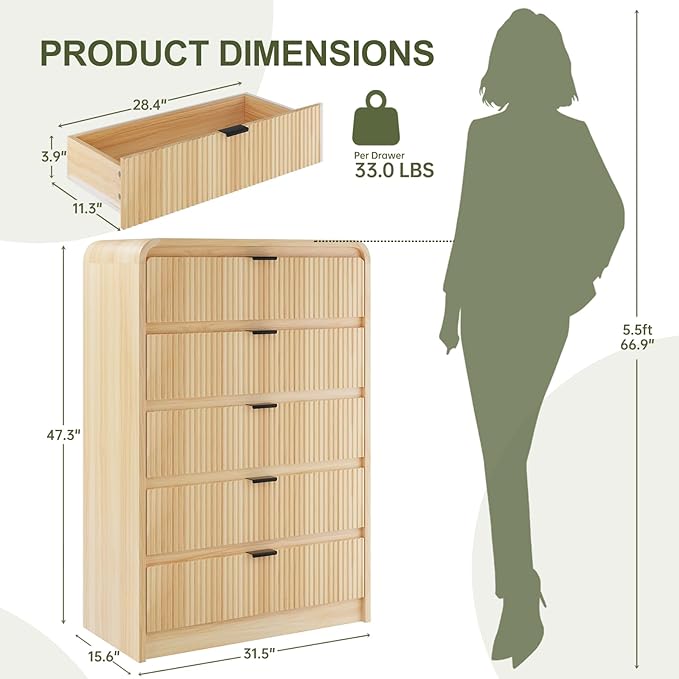 FURSUN Fluted 5 Drawers Dresser for Bedroom, 48" Tall Wooden Modern Dresser with Metal Handle, Curved Profile Design, Storage Organizer for Living Room, Hallway (Natural Oak)