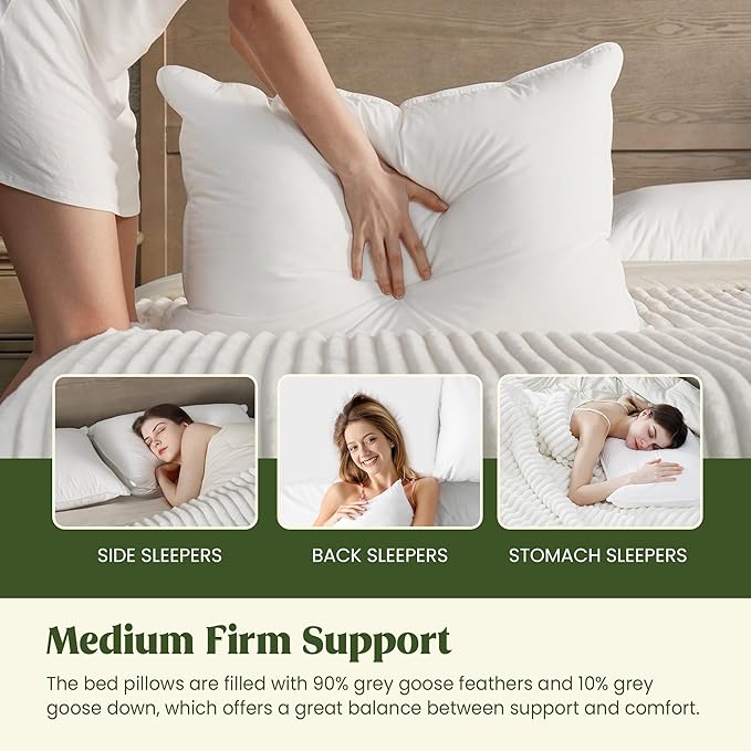 puredown® Natural Down Feather Pillows, King Bed Pillows for Sleeping Set of 2, Grand Hotel Pillows with Cotton Fabric Cover (Pack of 2)