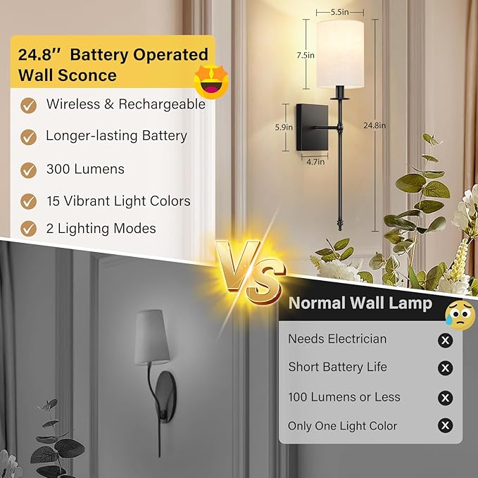 24.8 inch Battery Operated Wall Sconces Set of 2 with Remote, Rechargeable Wireless Wall Lights with Beige Fabric Shade, Indoor Not Hardwired Dimmable for Bedroom Living Room Decor