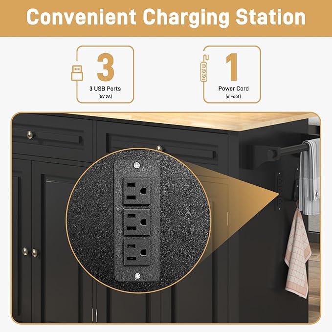 55" Movable Kitchen Island with Drop Leaf and Power Outlet, Rolling Cart with Storage Cabinet, Island Table on Wheels for Kitchen with 2 Drawers, Spice Rack, Towel Bar, Garage Hook, Black