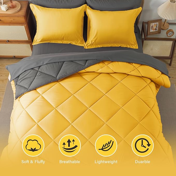 Cosybay Bed in a Bag Full Reversible Comforter Sets 7pcs All Season Down Alternative Bedding Sets Yellow and Grey with Comforter, Pillow Shams, Flat Sheet, Fitted Sheet and Pillowcase