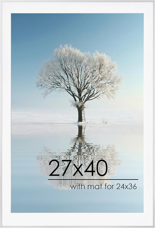 27x40 Metal Picture Frame For Wall With Mat For 24x36, 27''x40'' Aluminum Photo Frames With Tempered Glass For Home Decor, Minimalist Modern Poster Frame Horizontal And Vertical Formats, Silver