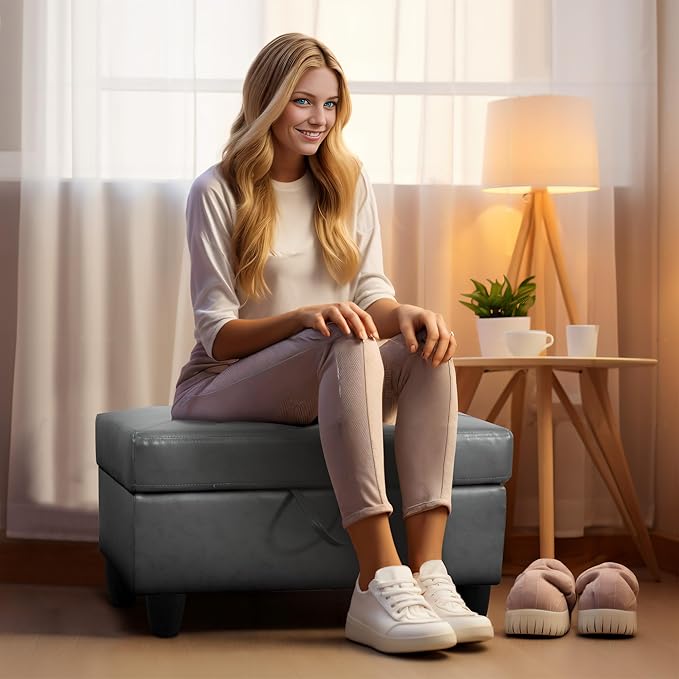 Ottoman Rectangular Storage Ottoman Bench, Faux Leather Footrest, Coffee Table, Stool Footstool with Hinged Lid for Living Room, Bedroom, Entryway, Gray, 28.5"x19"x17.5"