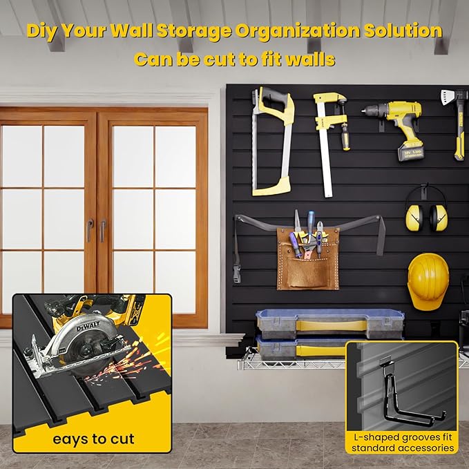 Slat Wall Paneling 4x2 FT, PVC Slat Wall Panels Heavy-Duty Garage Organization System with Hooks & Accessories, Slatwall Pegboard Suitable for Home、Garage、Shop Display & Organization (Black)