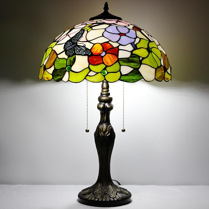 Tiffany Table Lamp Stained Glass Lamp 16X16X24 Inch Antique Reading Light (Butterfly Flowers)