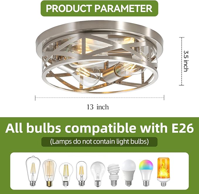 13 inch Brushed Nickel Flush Mount Ceiling Light Fixtures,3-Light Modern Hallway Light Fixtures Ceiling, Brushed Nickel Light Fixture Ceiling Mount for Farmhouse,Kitchen, Bedroom 1 Pack