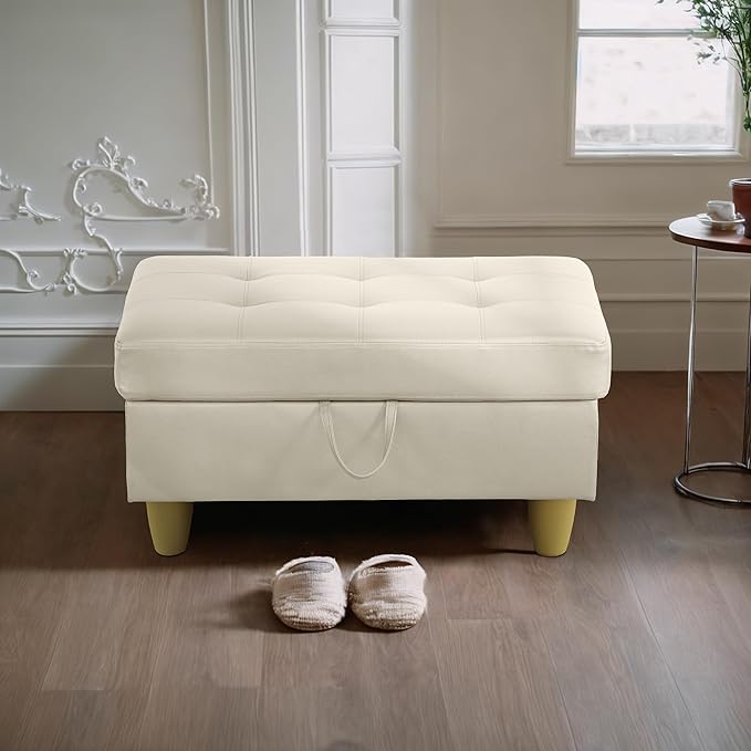 Ottoman Rectangular Storage Ottoman Bench, Faux Leather Footrest, Coffee Table, Stool Footstool with Hinged Lid for Living Room, Bedroom, Entryway, White, 35"x23.5"x17.5"