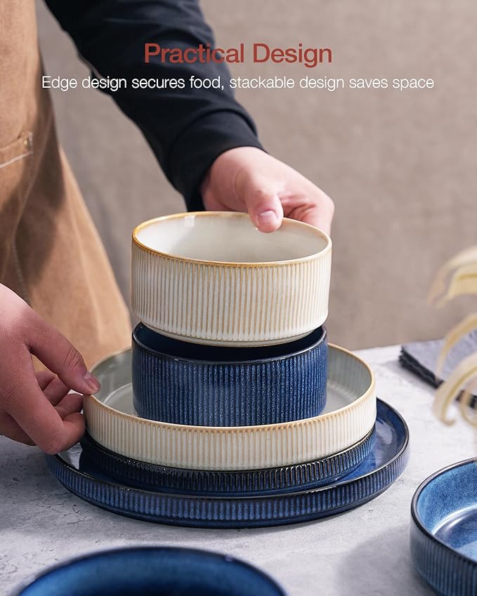 Famiware Star Dinnerware Set, Plates and Bowls Sets for 8 (24pcs), Ribbed Stoneware Dishes - Chip & Scratch Resistant, Microwave & Dishwasher Safe, Multicolor - Cappuccino White & Nebulas Blue