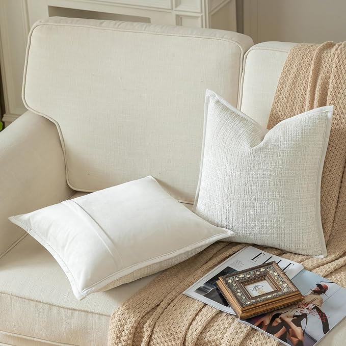 Yaertun Pack of 2 Chenille Textured Decorative Throw Pillow Covers Accent Solid Cushion Cover Soft Cozy Pillow Case with Velvet Back for Couch Sofa Bed Living Room 16x16 Inch Cream White