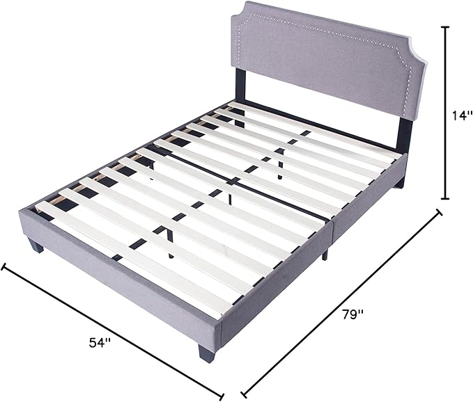 Bed Frame Upholstered Platform with Tufted Head Board Mattress Foundation with Wooden Slats Full/Queen Size for Bedroom School Students Kids Adults Storage Under 500lbs(Grey Fabric, Full)
