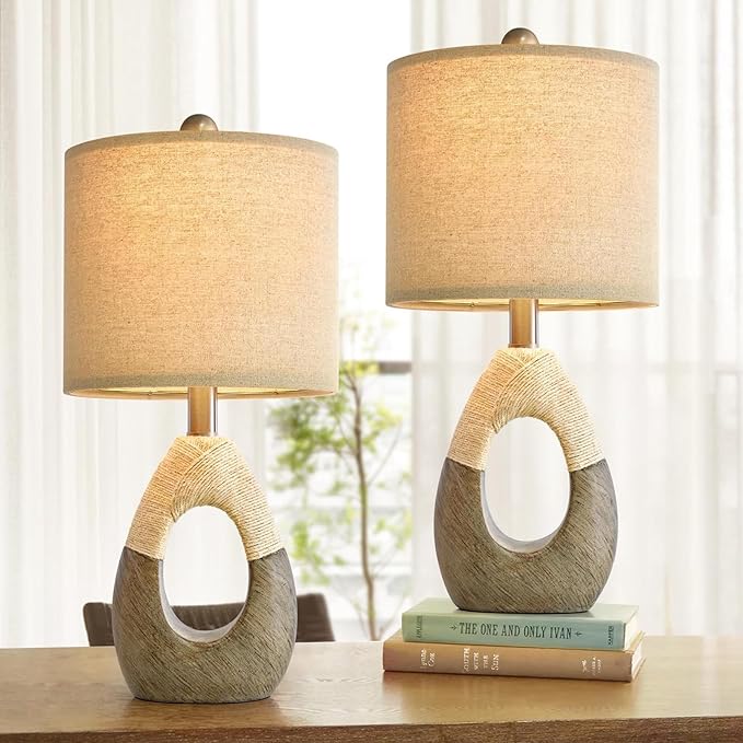 OYEARS 19” Boho Table Lamps Bedroom Living Room Set 2,Suitable for Small Space,Small Farmhouse RattanTable Lamp Rustic Egg Design Resin Light Decoration,Nightstand Bedside Lamps for Office Study Rest