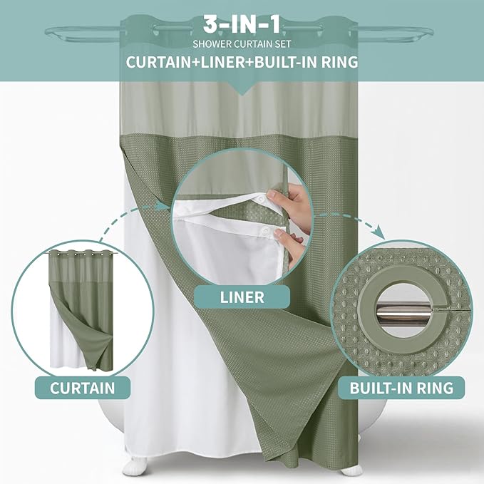 Stall SageGreen No Hook Waffle Weave Shower Curtain with snap-in Liner Replacement, 230GSM Waterproof Fabric Hotel Shower Curtain Set for Bathroom, Through Mesh Top Window,54Wx80H