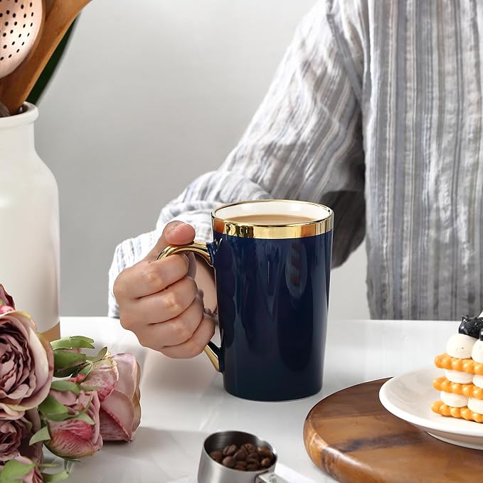 Coffee Mugs,12OZ Ceramic Coffee Mugs Set of 6,Cups with Large Handles for Men Women, Porcelain Big Mug for Tea Latte, Housewarming Wedding Gifts (blue and gold)