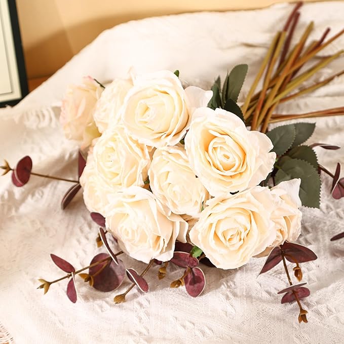 Kimura's Cabin 12pcs Lifelike Faux White Roses Artificial Plastic Silk Rose Long Stem Fake Roses Bouquet for Valentines Day Home Centerpiece Wedding Party DIY Decoration (White)