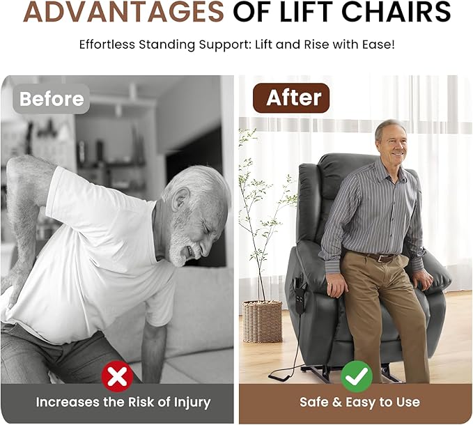 TEKAMON Power Lift Recliner Chair for Elderly with Heat & Massage, Dual Motor Breathable Leather Recliner, Lay Flat Sleeping Chairs with Infinite Position, RemoteControl(Silver Grey, Extended)