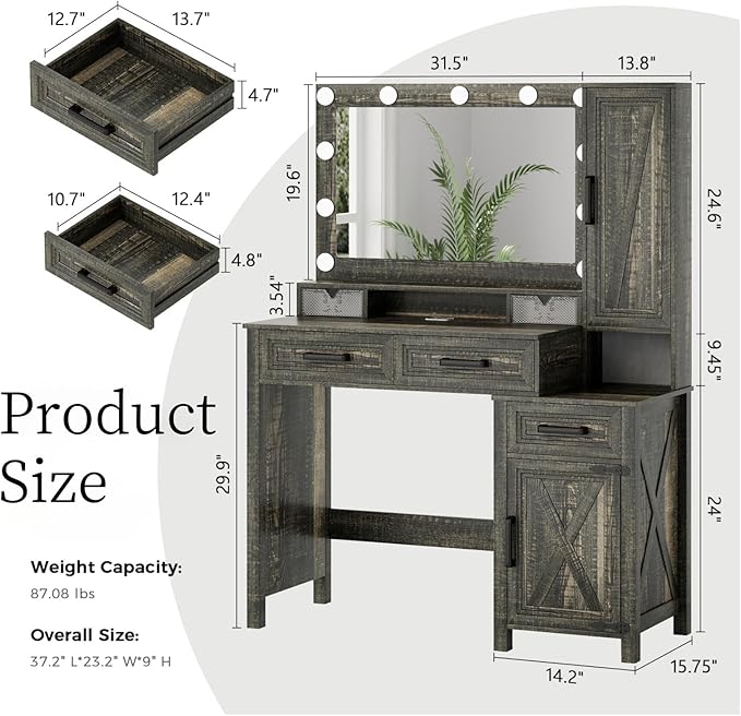 Makeup Vanity, Farmhouse Vanity with Square Mirror & Tricolor Lighting Adjustment, 43'' Fashion Makeup Desk with Two Spacious Drawers, Side Storage Cabinet & Built-in Charging Station, Brown