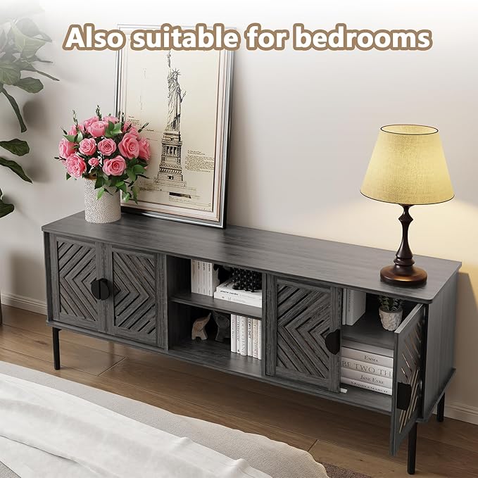 ARTPOWER 63" Modern TV Stands for Living Room, Long Entertainment Center with Storage, TV Console for 55 60 65 70 Inch TV, Bedroom TV Cabinet with Doors, Wood Media Console, Television Stand, Grey