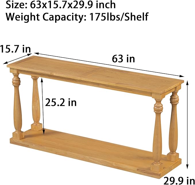 63 Inch Console Table with 4 Vase-Leg, Vintage Wood Grain Sofa Table Behind Couch, Narrow Entryway Accent Table for Living Room, Entrance, Hallway, Foyer, Bedroom, Apartments, Natural