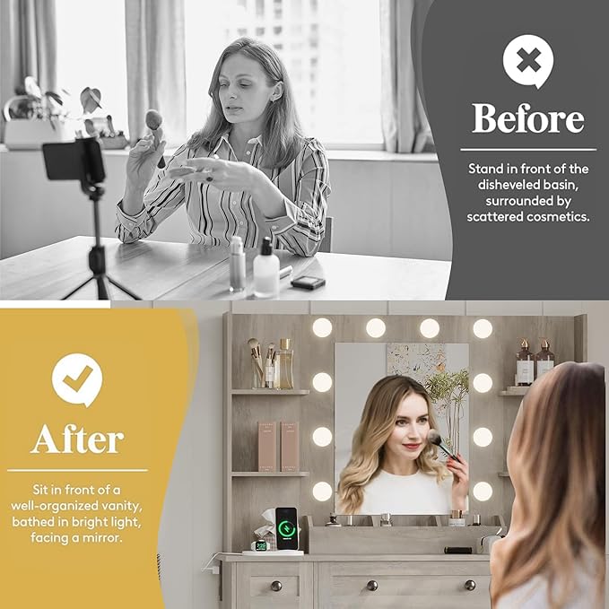 Vanity Makeup Desk with Mirror and Lights, Farmhouse Vanity Table Set with Storage Drawers, Charging Station & Chair, 43" Large Rustic Dressing Table, 3 Lighting Modes for Women Girls Bedroom, Grey