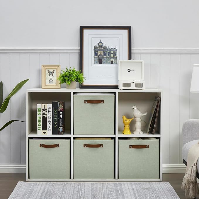 Collapsible Fabric Storage Cube Bins with 2 Reinforced PU Handles, Foldable Storage Organizer Baskets for Closet, Shelves, Living Room | 13"x13"x13", 4 Pack, Sage Green