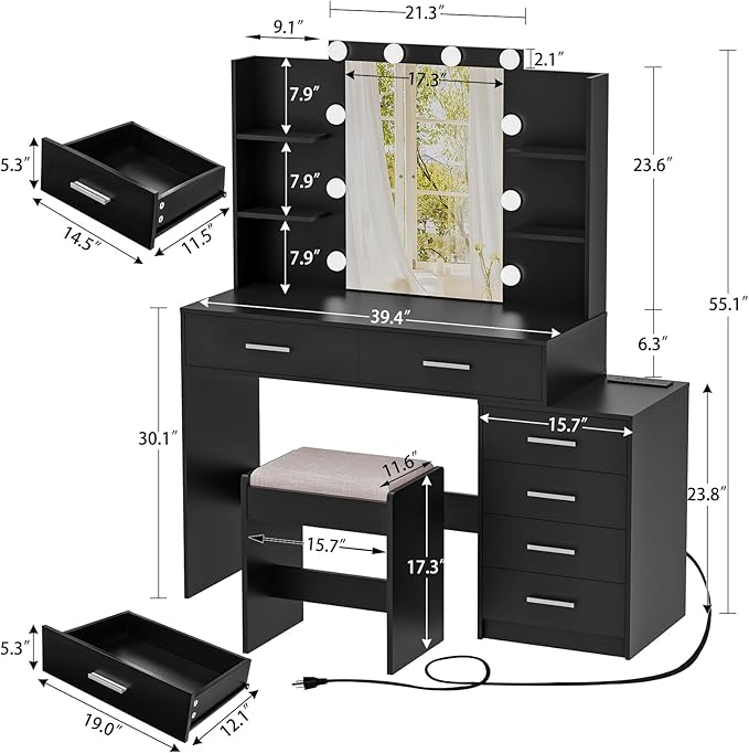 Vanity Desk with Mirror & Lights, Makeup Vanity with 6 Drawers, 6 Open Shelves and Power Outlet, 48” Storage Makeup Vanity Desk with Stool Bench for Women, Girls, Bedroom, Black