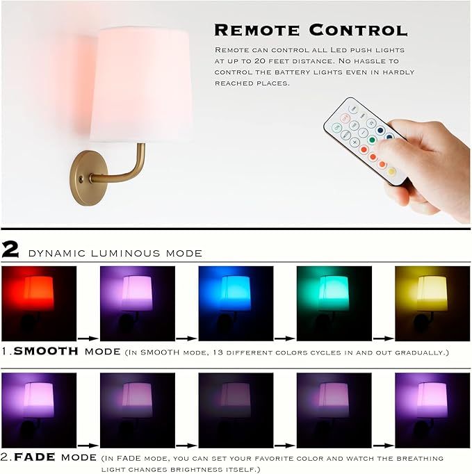 HEQIQEH Rustic Vintage Battery Operated RGB Wall Sconce Light Fixture with Remote Control, Flared Funnel Linen Fabric Shade Dimmable Nightstand Lamps for Bedroom Bedside, 2 Packs (Antique-2)
