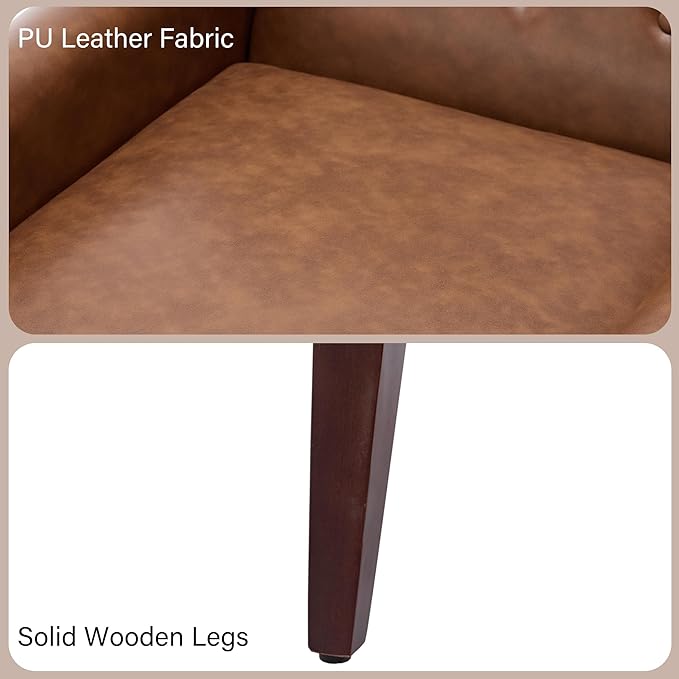 Accent Chair, Mid-Century Modern PU Leather Chairs with Arms for Living Room, Comfy Upholstered Club Single Sofa Armchair for Bedroom Waiting Room with Solid Wood Frame（Leather Coffee, Set of 2)