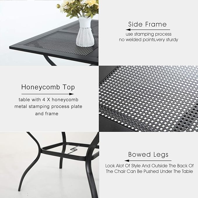 PHI VILLA 5 Pieces Outdoor Dining Set for 4, Metal Steel Square Table with Umbrella Hole & Stackable Black Wrought Iron Chairs, Heavy-Duty Dining Furniture for Patio, Deck, Backyard, Porch