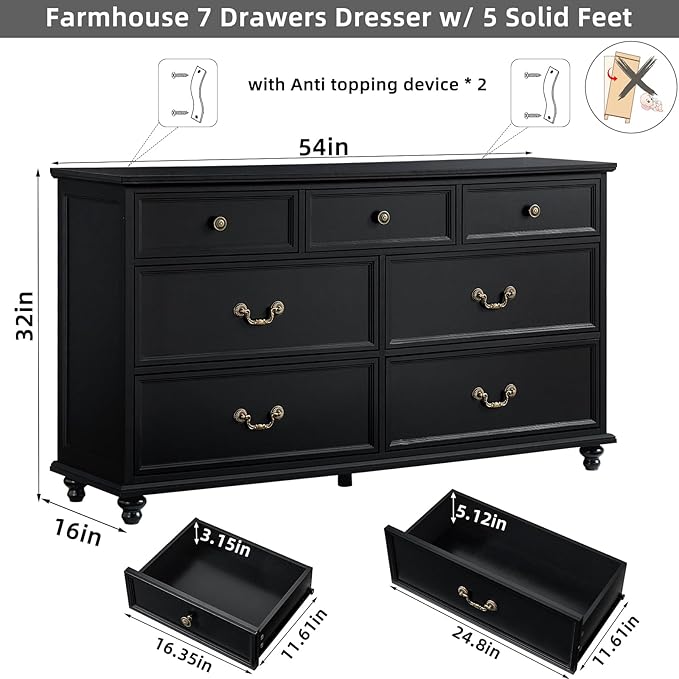 Farmhouse 54" 7 Drawers Dresser for Bedroom, Wide Chest of Drawers w/ 4 Wooden Legs, Vintage Large Closet Storage Dressers Organizer for Hallway, Wood Rustic TV Stand for Living Room, Black
