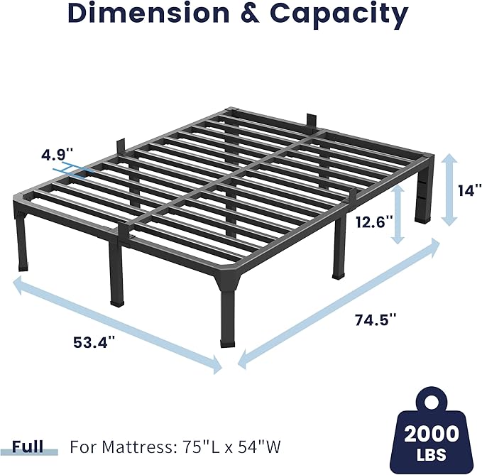 Full Bed Frame with Mattress Slide Stopper, 14 Inch Metal Platform Bed Frame, Heavy Duty Tall Bed Frame No Box Spring Needed with Large Storage Space, Easy Assembly, Noise Free
