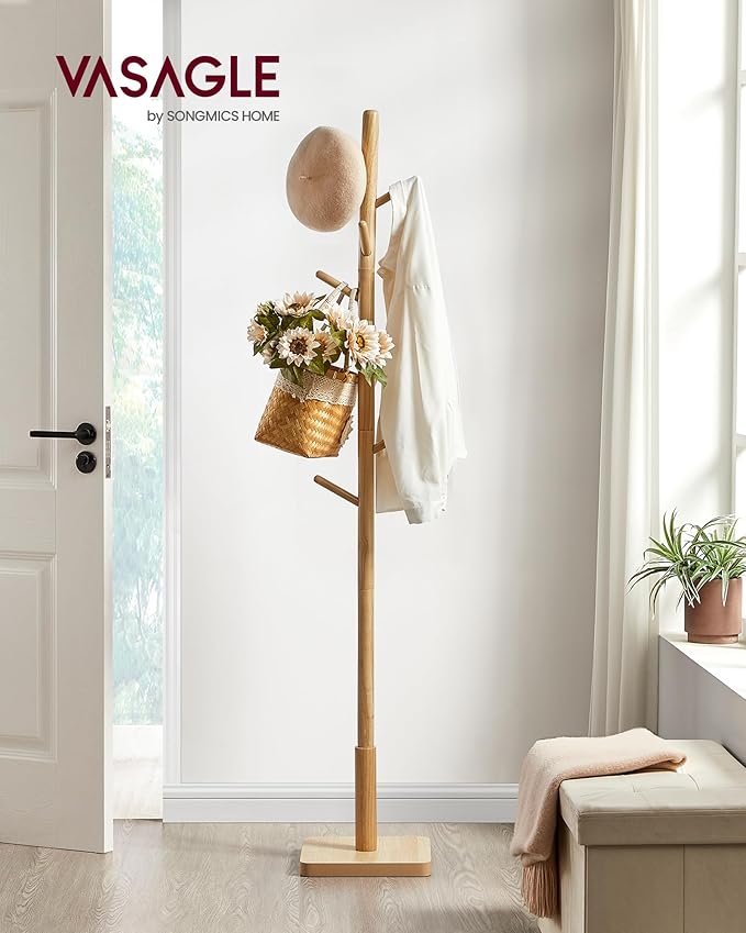 VASAGLE Solid Wood Coat Rack, Free Standing Hall Coat Tree with 8 Hooks, 3 Height Options, for Coats, Hats, Bags, Purses, for Entryway, Hallway, Rubberwood Hooks and Pole, Natural Beige URCR010N01