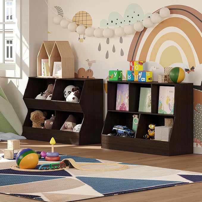 DINZI LVJ Kids Bookshelf, Toy Storage Organizer, Wooden Toy Storage Cabinet, 4 Cubby Children Bookcase, 39.4" L Toddler Book Shelf for Bedroom, Nursery, Hallway, School, Espresso