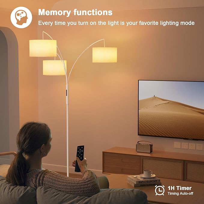 36W LED Arc Floor Lamp with 3 White Fabric Shades, 3001LM Super Bright Standing Lamp with Remote Control & Touch, Stepless Dimming, Individual Light Control for Living Room, Bedroom
