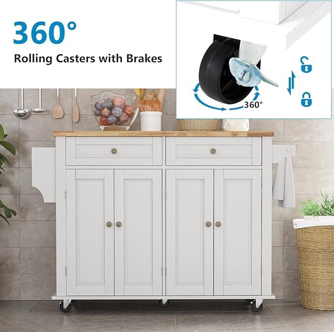 Rolling Kitchen Island with Drop Leaf – Movable Kitchen Carts on Wheels Island with Storage Cabinet, Island Table for Kitchen with Rubber Wood Top and Rack and Drawers, Matte, White