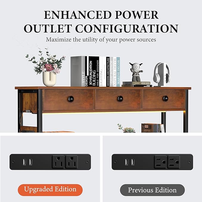 47" Entryway Table with Outlets: Console Table with 3 Wood Drawers and Storage Shelves, USB Ports, LED Light Strip for Sofa, Living Room, Hallway, Foyer, Couch, TV and Aquarium Stand