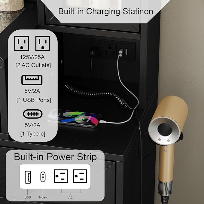 43" W Vanity Desk with Mirror & 11 Lights, 5 Drawer Modern Makeup Desk with Glass top & Cushioned Stool, 3 Lighting Modes Brightness Adjustable,Power Outlet,Bedroom，Black