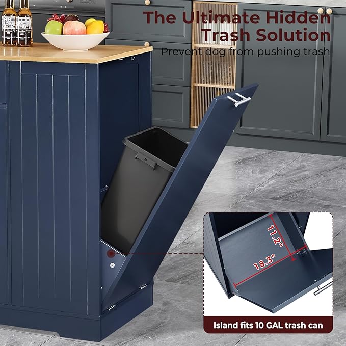 53" Long Kitchen Island with Trash Can Storage, Blue Kitchen Cart with Garbage Bin 10 Gallon, Portable Island with Trash Can, Wood Top, Spice Rack and Drawers