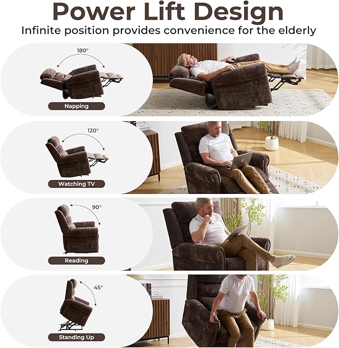 Power Lift Recliner Chair for Elderly with Adjustable Headrest, Lay Flat Lift Chair with Dual Heating and Massage, Electric Lift Recliner for Big and Tall, Extended Footrest, Coffee