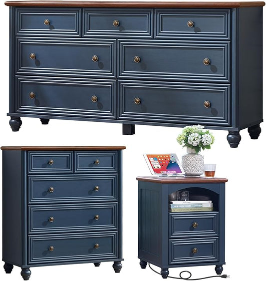 Farmhouse Dressers & Night Stand Set of 3, Wood 54" Wide 7 Drawer Dresser & 35.5"Tall Chest of Drawers, 18" with Charging Station Nightstand, Bedroom Furniture Dresser Set for Home Living Room Hallway