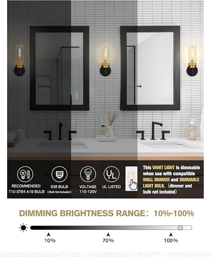 Emak Black and Gold Sconces Wall Decor Set of 2, Bathroom Vanity Light with Clear Glass Shade, Modern Wall Sconce for Bathroom, Bedroom, Living Room, Hallway, WS085-BKBGD-2PK