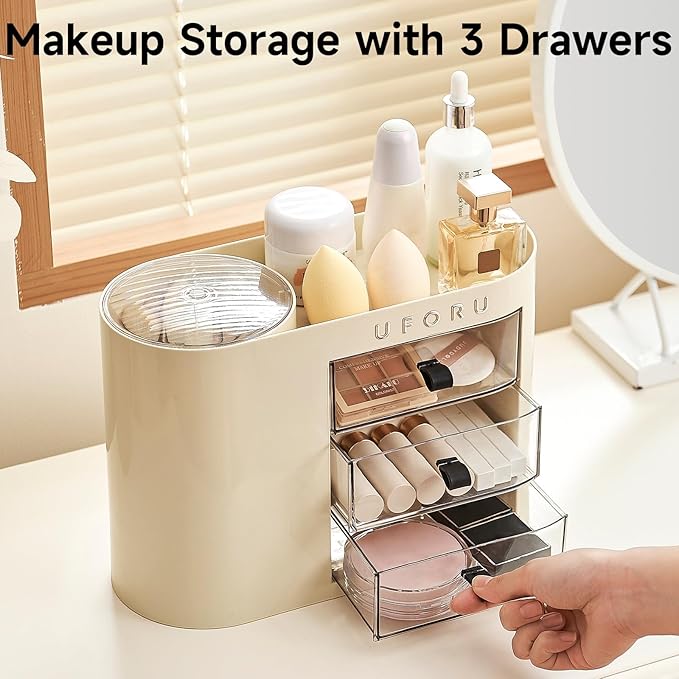 Makeup Organizer with Pop-Up Brush Holder for Dresser Vanity, Plastic Bathroom Counter Organizer with 3 Drawers & Dust-Proof Cover, Cosmetic Display Case for Lipstick, Skincare, Cream White