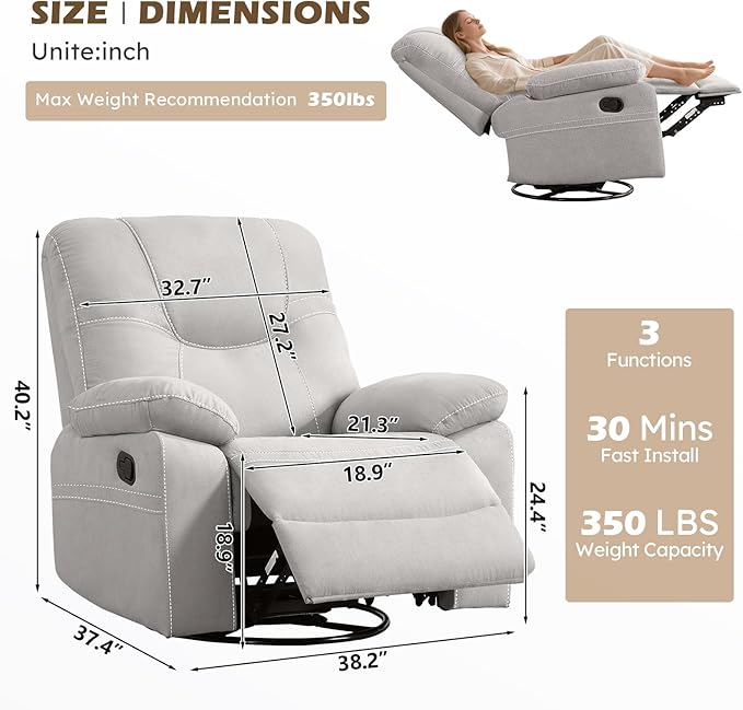 ANJ Oversized Swivel Rocker Recliner Chair for Adults, Manual Rocking Recliner Glider Recliner Nursery Chair Clearance with Decorative Stitching Soft Fabric Thick Cushion for Living Room Bedroom