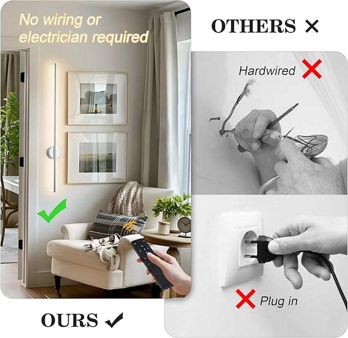 Battery Operated Modern Wall Sconces, Dimmable Wireless Wall Light Set of Two with Remote Control, 3 Color Temperatures, Rechargeable LED Wall Sconce for Bedroom, Living Room,Hallway, 39.3 Inch Chrome
